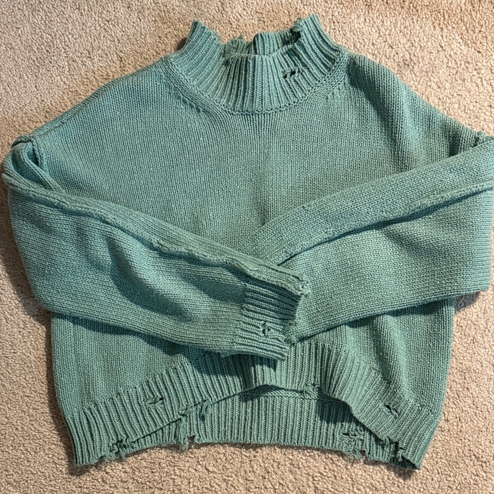 moussy Women’s crop Light Teal Distressed Knit Sweater